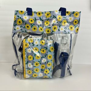 Fun In The Sun Clear Tote Beach Bag Blue White Yellow Cooler Bottle Matching Set